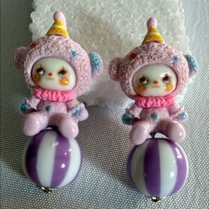NEW Cute little clown earrings purple & pink girlie novelty lightweight birthday